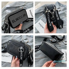 Collage of a black handbag with visible branding on a denim background