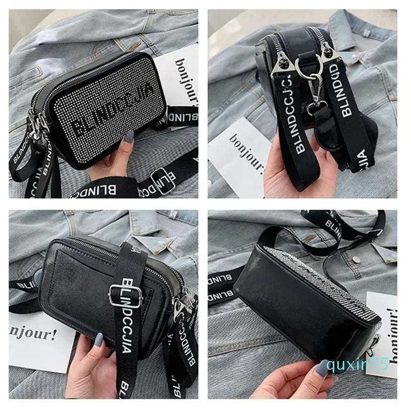 Collage of a black handbag with visible branding on a denim background