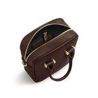 Brown handbag with gold zippers on a white background